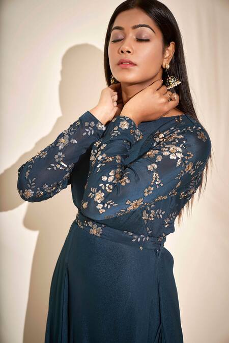 Shop_Suruchi Parakh_Blue Georgette Crepe Lining Shantoon Sequin Boat Draped Gown_Online_at_Aza_Fashions
