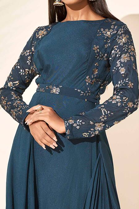 Suruchi Parakh_Blue Georgette Crepe Lining Shantoon Sequin Boat Draped Gown_at_Aza_Fashions