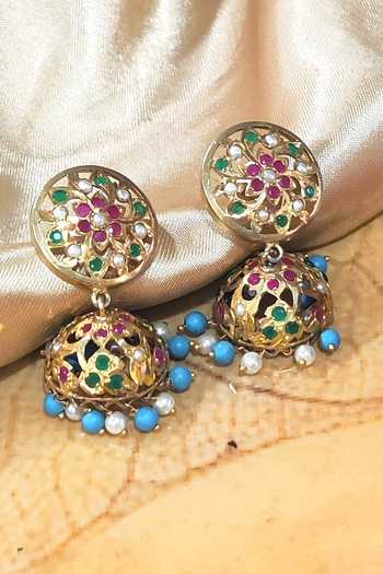 Devanshi Renu Jewels_Gold Plated Stones Handcrafted Embellished Jhumkas_Online_at_Aza_Fashions