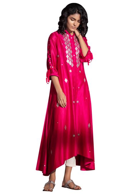 Shop_Ampm_Pink Chanderi Kurta Set_Online_at_Aza_Fashions