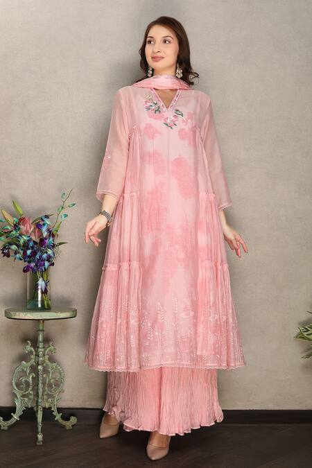 Falguni.Foram_Pink Kurta And Sharara Silk Chanderi Embroidery Thread V Tiered Kalidar Set _Online_at_Aza_Fashions