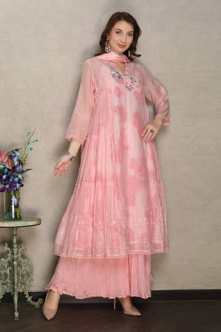 Buy_Falguni.Foram_Pink Kurta And Sharara Silk Chanderi Embroidery Thread V Tiered Kalidar Set _Online_at_Aza_Fashions