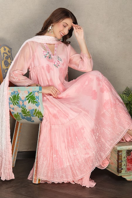 Shop_Falguni.Foram_Pink Kurta And Sharara Silk Chanderi Embroidery Thread V Tiered Kalidar Set _Online_at_Aza_Fashions