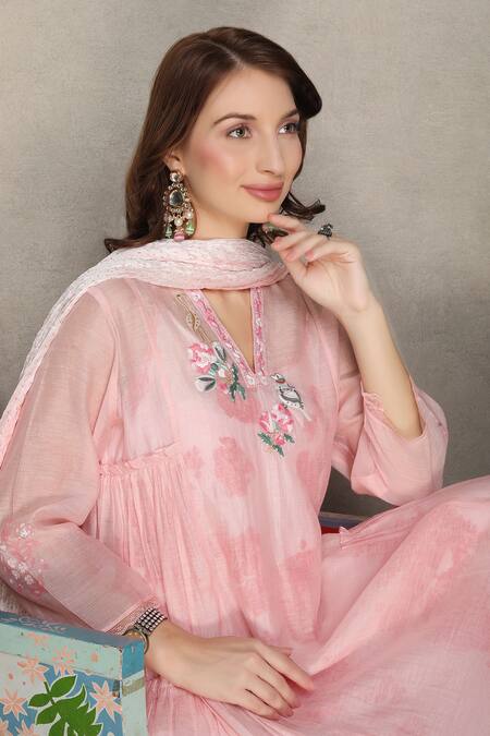 Falguni.Foram_Pink Kurta And Sharara Silk Chanderi Embroidery Thread V Tiered Kalidar Set _at_Aza_Fashions
