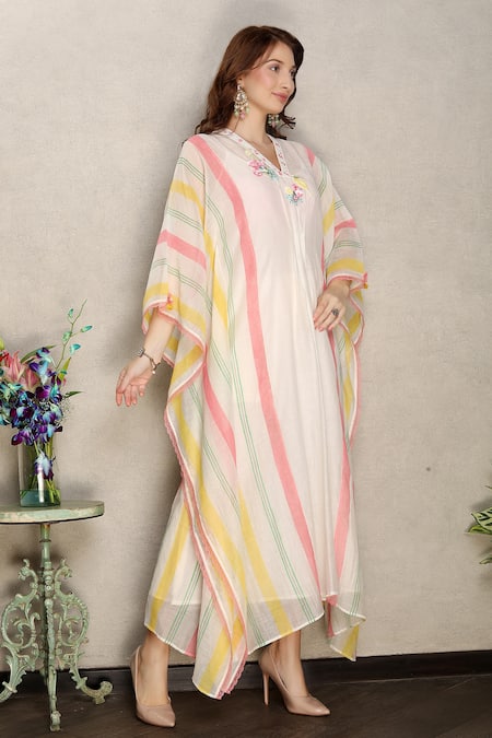Falguni.Foram_Off White Silk, Chanderi Embroidery V-neck Kaftan Dress _Online_at_Aza_Fashions