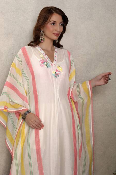Shop_Falguni.Foram_Off White Silk, Chanderi Embroidery V-neck Kaftan Dress _Online_at_Aza_Fashions