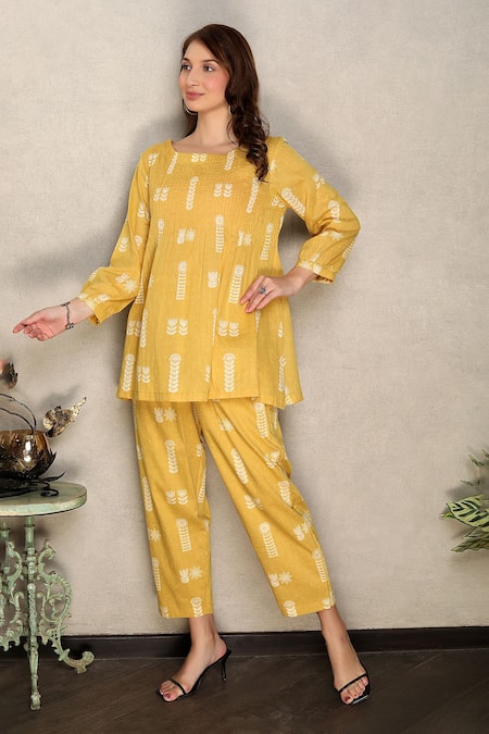 Buy_Falguni.Foram_Yellow Top And Pant Printed Cotton & Slip Floral & Set _Online_at_Aza_Fashions
