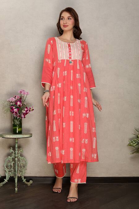 Falguni.Foram_Pink Kurta And Pant Printed Cotton & Slip Embroidery & & Set  _Online_at_Aza_Fashions