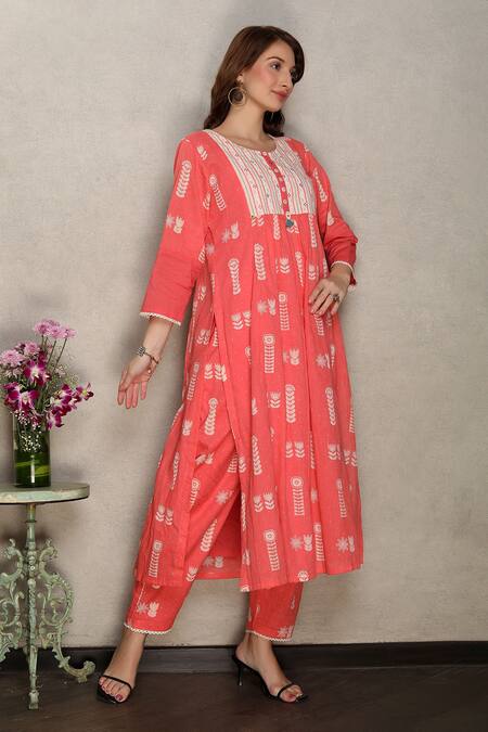 Buy_Falguni.Foram_Pink Kurta And Pant Printed Cotton & Slip Embroidery & & Set  _Online_at_Aza_Fashions