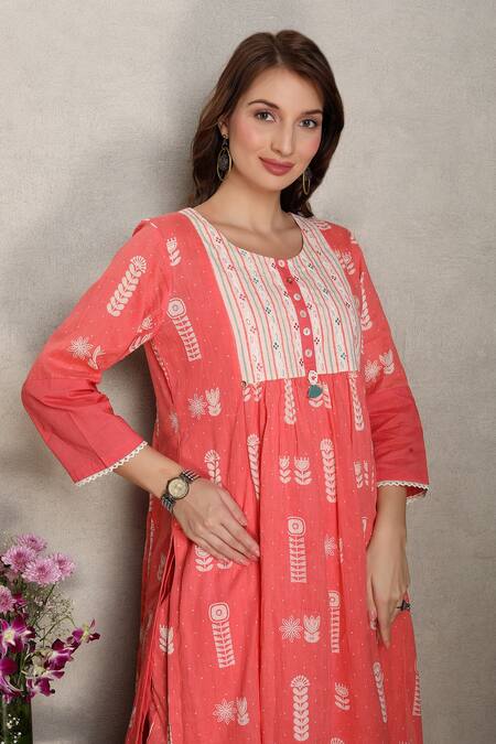 Shop_Falguni.Foram_Pink Kurta And Pant Printed Cotton & Slip Embroidery & & Set  _Online_at_Aza_Fashions