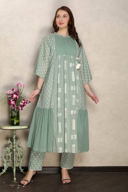 Falguni.Foram_Green Cotton Lace Round Neck Floral Print Anarkali And Pant Set _Online_at_Aza_Fashions