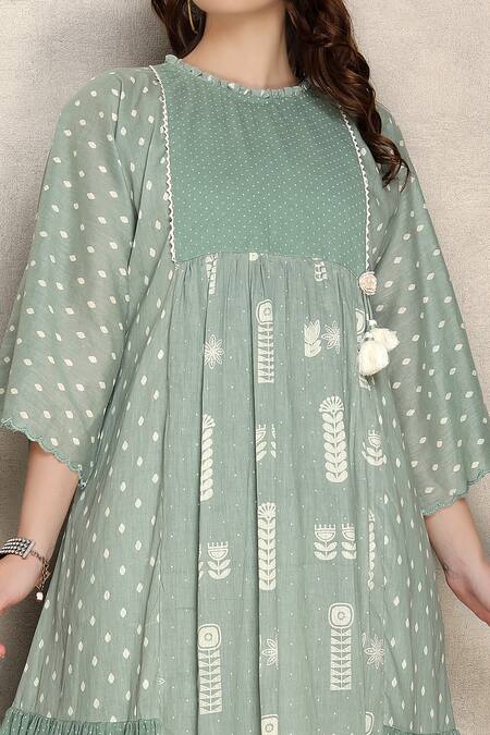 Buy_Falguni.Foram_Green Cotton Lace Round Neck Floral Print Anarkali And Pant Set _Online_at_Aza_Fashions