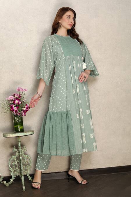 Shop_Falguni.Foram_Green Cotton Lace Round Neck Floral Print Anarkali And Pant Set _Online_at_Aza_Fashions