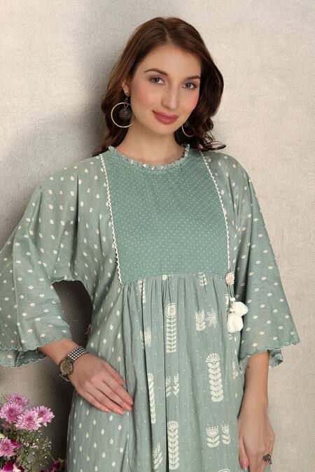 Falguni.Foram_Green Cotton Lace Round Neck Floral Print Anarkali And Pant Set _at_Aza_Fashions