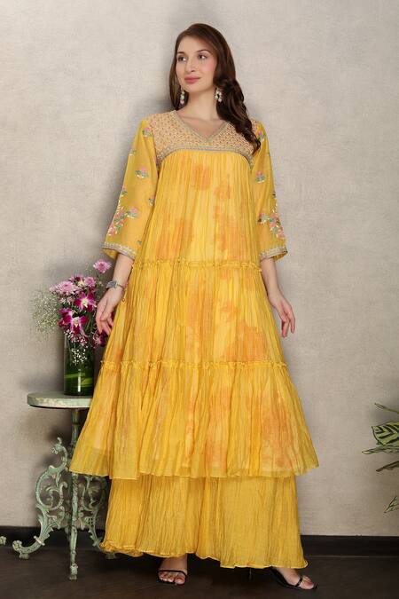Falguni.Foram_Yellow Silk, Chanderi Embroidery V-neck Tiered Kurta Sharara Set _Online_at_Aza_Fashions