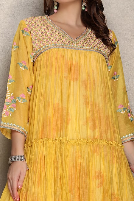 Buy_Falguni.Foram_Yellow Silk, Chanderi Embroidery V-neck Tiered Kurta Sharara Set _Online_at_Aza_Fashions