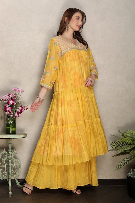 Shop_Falguni.Foram_Yellow Silk, Chanderi Embroidery V-neck Tiered Kurta Sharara Set _Online_at_Aza_Fashions