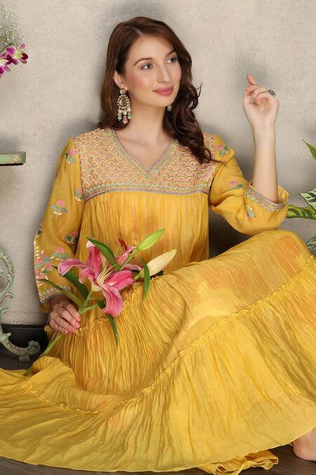 Falguni.Foram_Yellow Silk, Chanderi Embroidery V-neck Tiered Kurta Sharara Set _at_Aza_Fashions