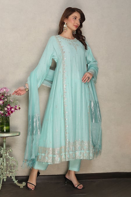 Falguni.Foram_Sky Blue Kurta And Pant Silk Chanderi & Dupatta Banarasi Dubka Net Kalidar Set _Online_at_Aza_Fashions