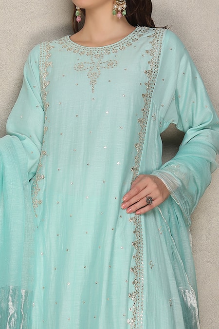 Buy_Falguni.Foram_Sky Blue Kurta And Pant Silk Chanderi & Dupatta Banarasi Dubka Net Kalidar Set _Online_at_Aza_Fashions