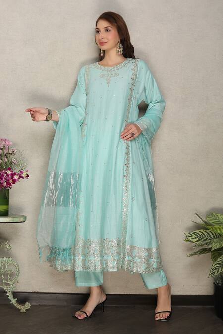 Shop_Falguni.Foram_Sky Blue Kurta And Pant Silk Chanderi & Dupatta Banarasi Dubka Net Kalidar Set _Online_at_Aza_Fashions