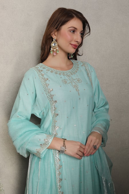 Falguni.Foram_Sky Blue Kurta And Pant Silk Chanderi & Dupatta Banarasi Dubka Net Kalidar Set _at_Aza_Fashions