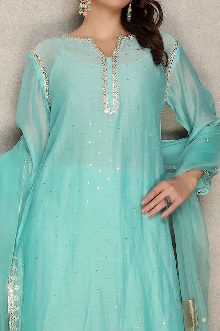 Falguni.Foram_Sky Blue , Chanderi, , Embroidered A-line Kurta Set _Online_at_Aza_Fashions