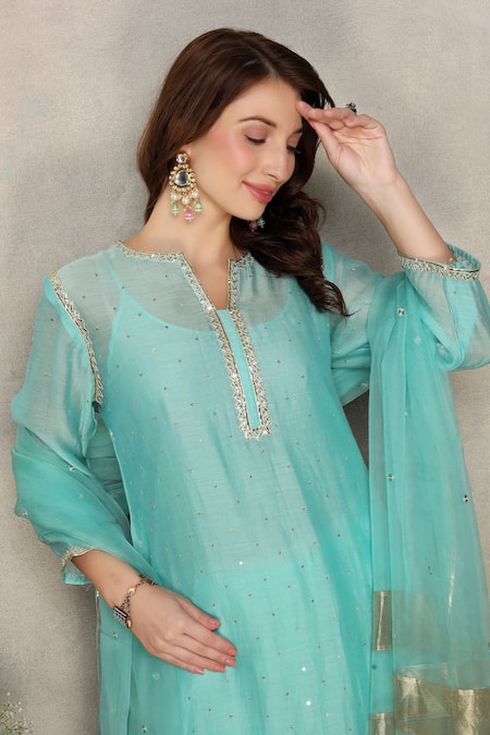 Falguni.Foram_Sky Blue , Chanderi, , Embroidered A-line Kurta Set _at_Aza_Fashions