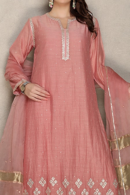 Falguni.Foram_Pink , Chanderi, Organza Gota Patti, Tassels Split A-line Kurta Set _Online_at_Aza_Fashions