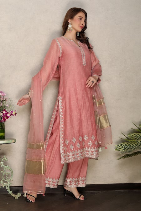 Shop_Falguni.Foram_Pink , Chanderi, Organza Gota Patti, Tassels Split A-line Kurta Set _Online_at_Aza_Fashions