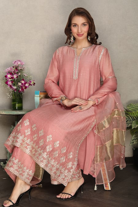Falguni.Foram_Pink , Chanderi, Organza Gota Patti, Tassels Split A-line Kurta Set _at_Aza_Fashions