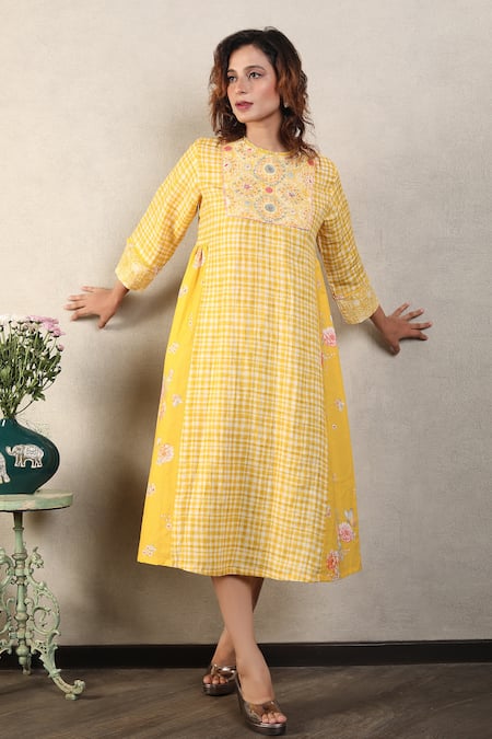 Falguni.Foram_Yellow Gabardine, Linen Sequins, Embroidery Round Neck Checkered Print Dress _Online_at_Aza_Fashions