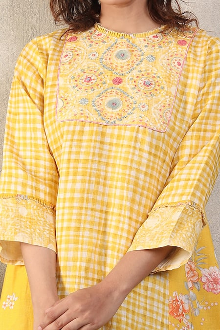Buy_Falguni.Foram_Yellow Gabardine, Linen Sequins, Embroidery Round Neck Checkered Print Dress _Online_at_Aza_Fashions