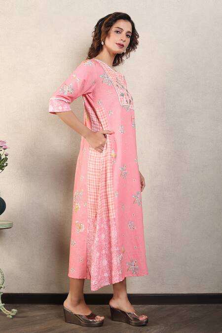 Falguni.Foram_Pink Gabardine, Linen Embroidery, Sequins Round Checkered Print Panelled Dress_Online_at_Aza_Fashions