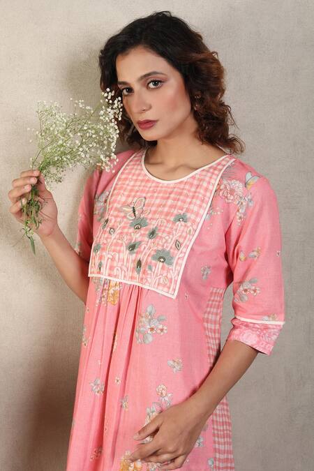 Buy_Falguni.Foram_Pink Gabardine, Linen Embroidery, Sequins Round Checkered Print Panelled Dress_Online_at_Aza_Fashions