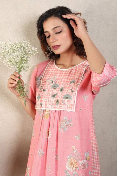 Shop_Falguni.Foram_Pink Gabardine, Linen Embroidery, Sequins Round Checkered Print Panelled Dress_Online_at_Aza_Fashions