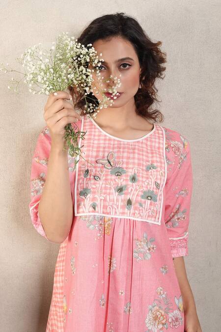 Falguni.Foram_Pink Gabardine, Linen Embroidery, Sequins Round Checkered Print Panelled Dress_at_Aza_Fashions