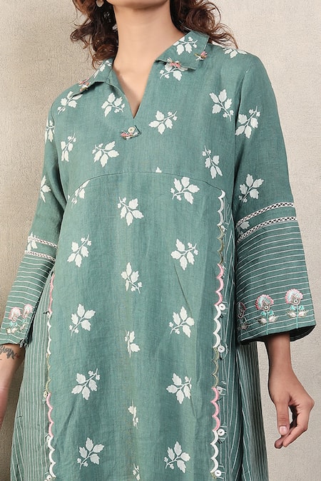 Falguni.Foram_Green Gingham, Linen Lace, Embroidery Collared Leaf Print Midi Dress _Online_at_Aza_Fashions
