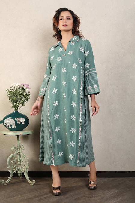 Buy_Falguni.Foram_Green Gingham, Linen Lace, Embroidery Collared Leaf Print Midi Dress _Online_at_Aza_Fashions