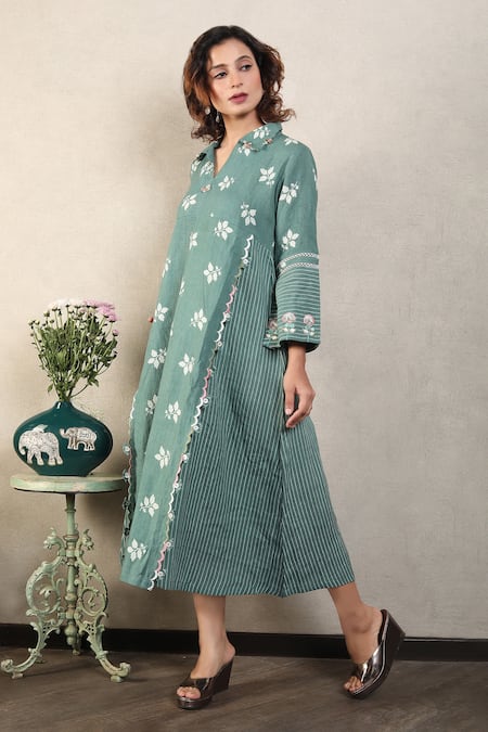 Shop_Falguni.Foram_Green Gingham, Linen Lace, Embroidery Collared Leaf Print Midi Dress _Online_at_Aza_Fashions