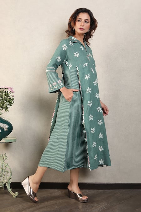 Falguni.Foram_Green Gingham, Linen Lace, Embroidery Collared Leaf Print Midi Dress _at_Aza_Fashions