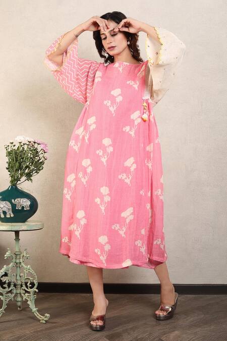 Falguni.Foram_Pink Gabardine Tassels, Cut Work Boat Neck Floral Print Kaftan Dress _Online_at_Aza_Fashions