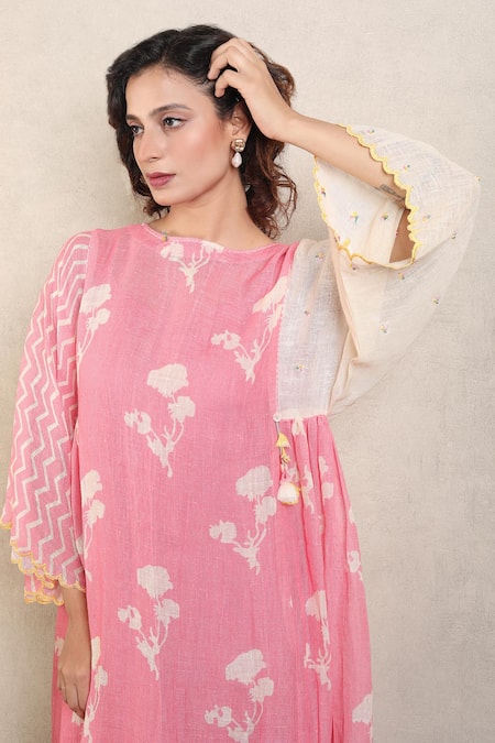 Buy_Falguni.Foram_Pink Gabardine Tassels, Cut Work Boat Neck Floral Print Kaftan Dress _Online_at_Aza_Fashions