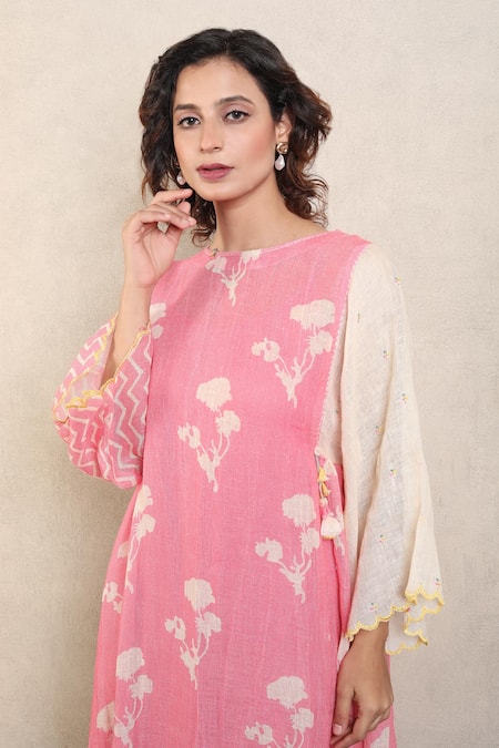 Shop_Falguni.Foram_Pink Gabardine Tassels, Cut Work Boat Neck Floral Print Kaftan Dress _Online_at_Aza_Fashions