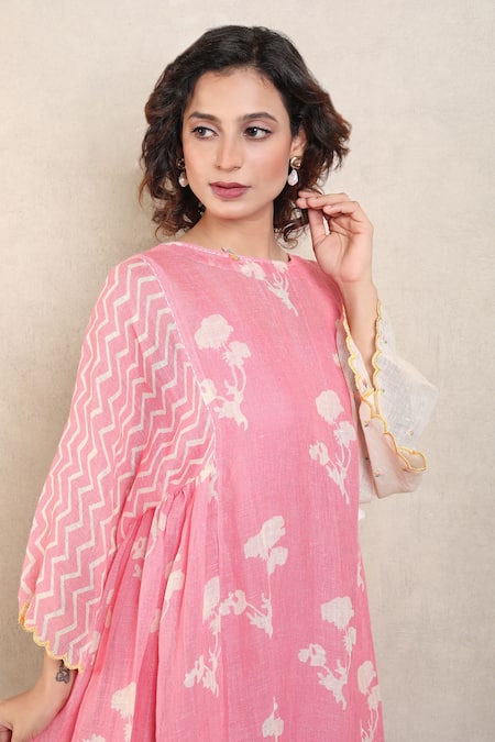Falguni.Foram_Pink Gabardine Tassels, Cut Work Boat Neck Floral Print Kaftan Dress _at_Aza_Fashions