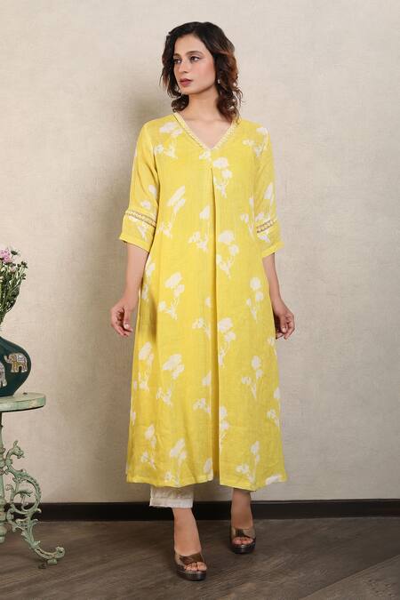 Falguni.Foram_Yellow Linen V-neck Floral Print Kurta_Online_at_Aza_Fashions