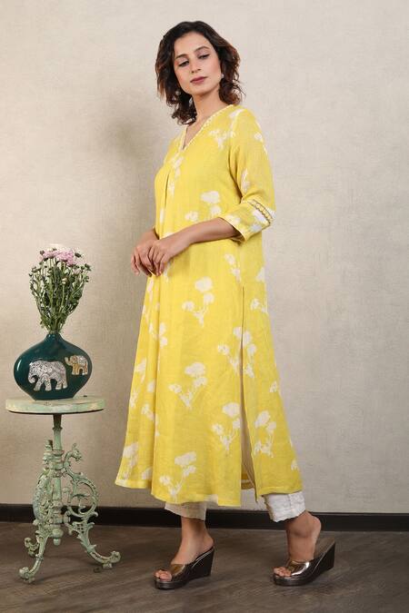 Buy_Falguni.Foram_Yellow Linen V-neck Floral Print Kurta_Online_at_Aza_Fashions