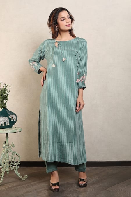 Falguni.Foram_Blue Gauze Linen Printed And Hand Striped Panelled Kurta & Pant Set  _Online_at_Aza_Fashions