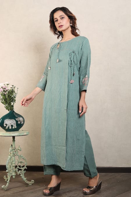 Buy_Falguni.Foram_Blue Gauze Linen Printed And Hand Striped Panelled Kurta & Pant Set  _Online_at_Aza_Fashions