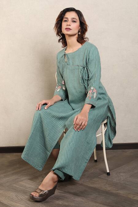 Shop_Falguni.Foram_Blue Gauze Linen Printed And Hand Striped Panelled Kurta & Pant Set  _Online_at_Aza_Fashions